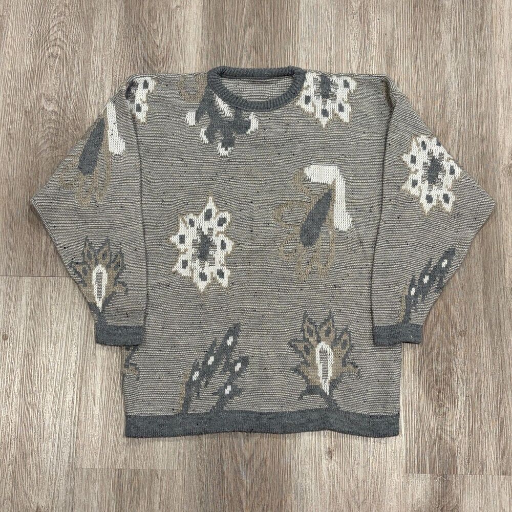 Vintage 80s 90s Floral Embroidered Knit Sweater Men's Size Large Grey